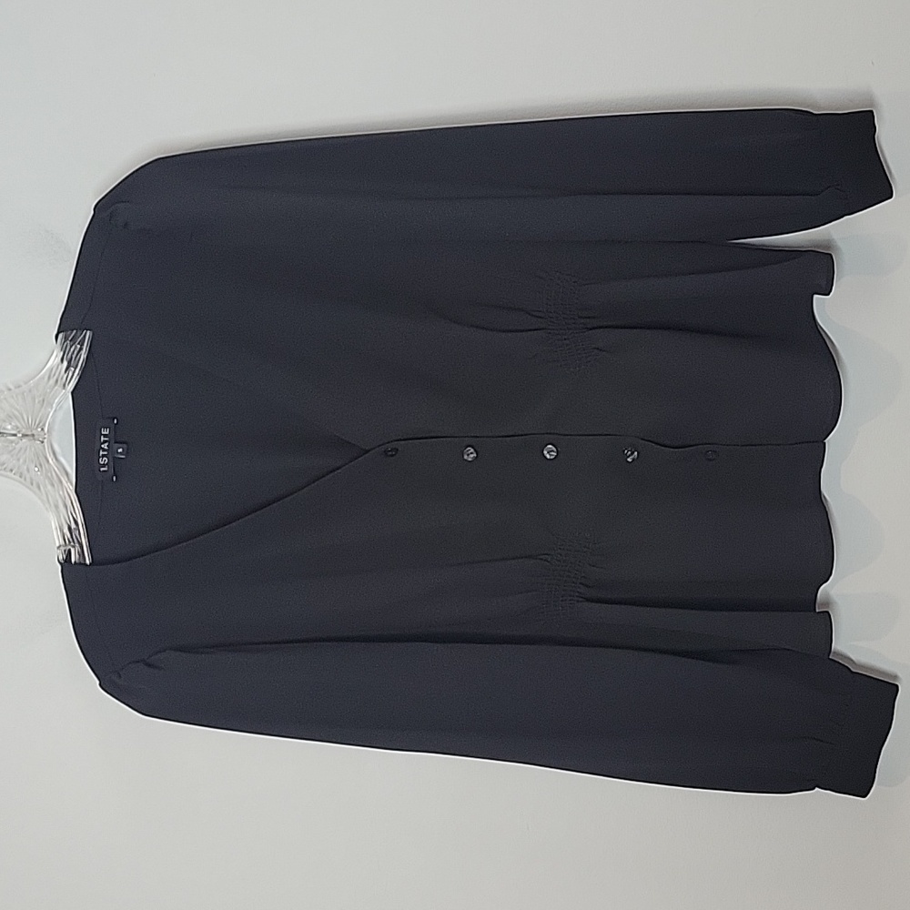 1. State Black V-neck button front long sleeve blouse